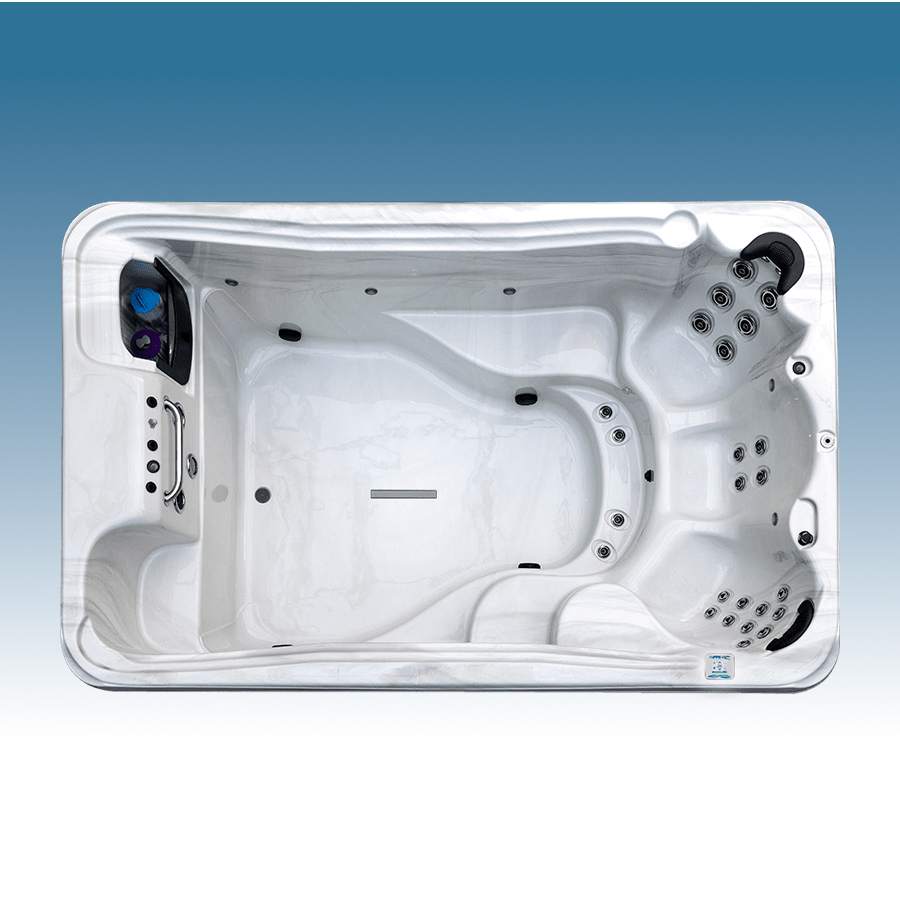 Active Plus EP-12 swim spa by Creative Hot Tub Designs featuring a spacious interior, Dual Swim Jet System, and multiple hydrotherapy jets for aquatic workouts and relaxation, set against a serene blue background.