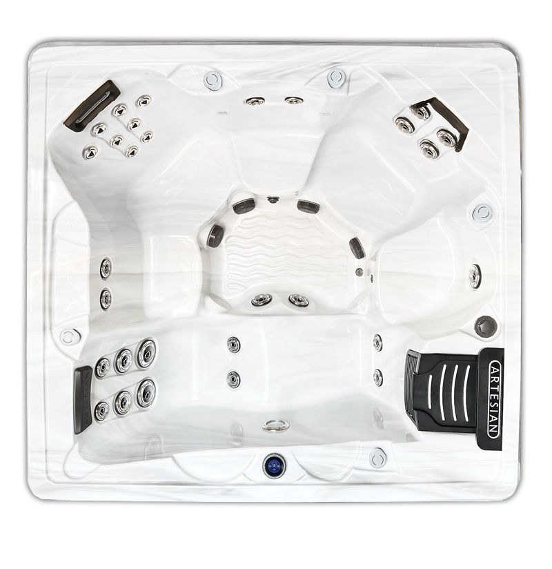 Top view of the Nevis Essential hot tub from Artesian Spas, featuring lounge seating, 32 jets, and controls, designed for 6 adults, showcasing the Island Collection's luxury and hydrotherapy capabilities, available through Creative Hot Tub Designs in Reno NV and Sparks NV.