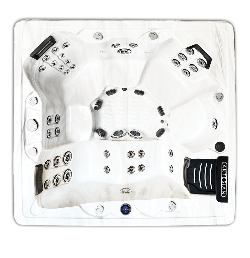 Top view of the Nevis Luxury hot tub from Artesian Spas, featuring 44 jets, lounge seating for 6 adults, and a sleek white design, highlighting advanced hydrotherapy features suitable for relaxation in Reno NV and Sparks NV.