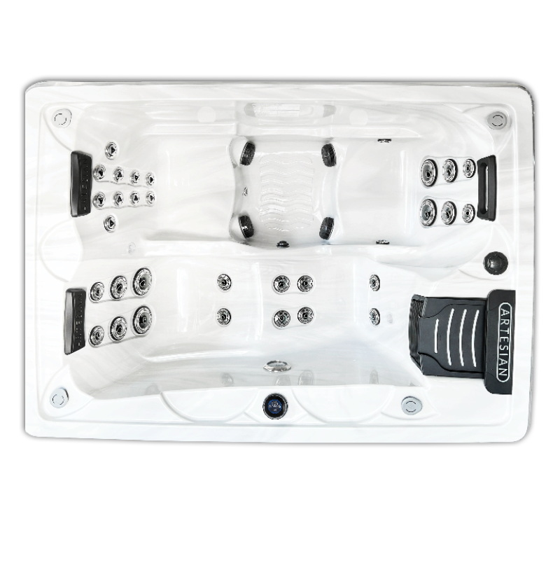 Top view of the Santa Cruz Essential hot tub from Artesian Spas, featuring 32 jets, lounge seating for 3 adults, and sleek design, highlighting its connection to advanced hydrotherapy features and user control options.